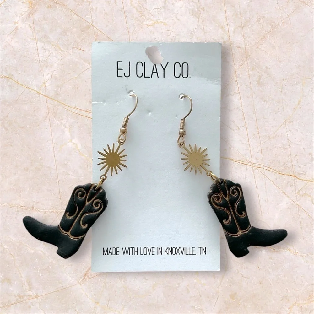 EJ Clay Cowboy Boot Gold Tone & Brown Sunburst Dangle Earrings Cowgirl NWT🌞